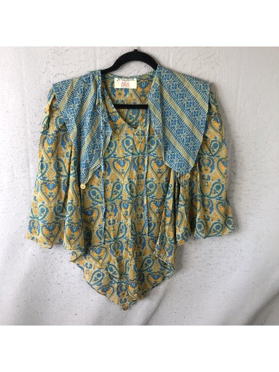 Bal de Grace Tops - Vintage Fairy Grunge Top Womens S Blue Paisley Coin Trim Boho Festival Statement